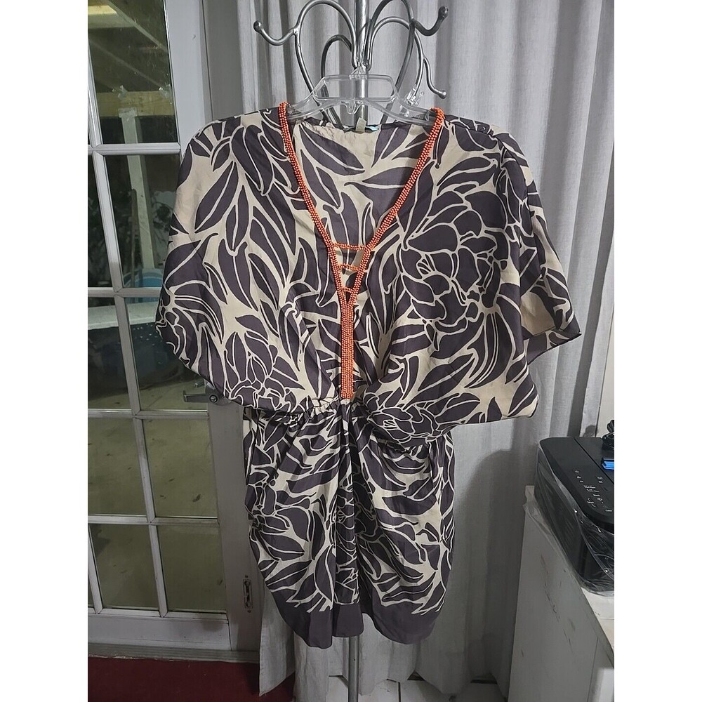 LEIFNOTES ANTHROPOLOGIE beaded floral tunic mini dress Pockets Sz 2 Brown orange